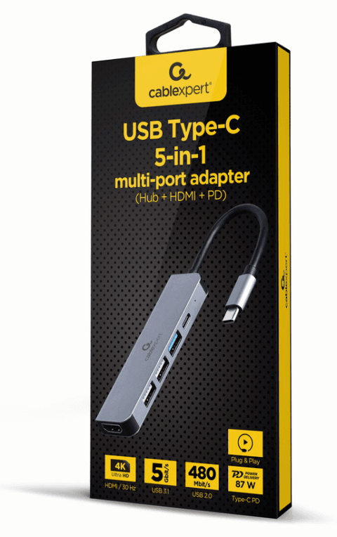 Gembird A-CM-COMBO5-03 base para portátil y replicador de puertos Alámbrico USB 3.2 Gen 1 (3.1 Gen 1) Type-C Plata