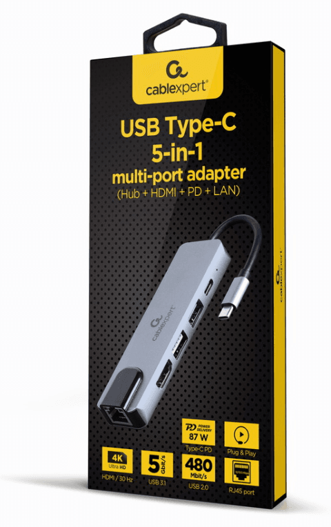 Gembird A-CM-COMBO5-04 base para portátil y replicador de puertos Alámbrico USB 3.2 Gen 1 (3.1 Gen 1) Type-C Plata
