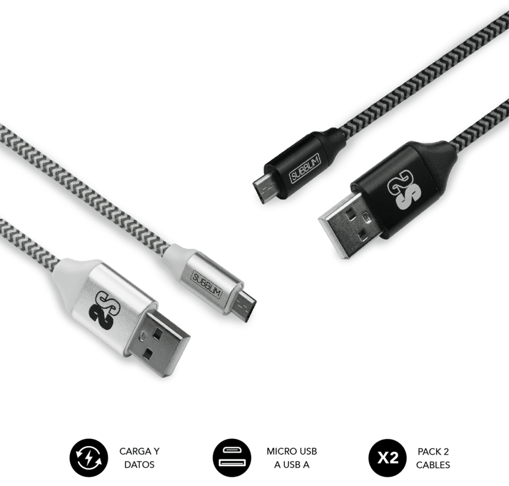 SUBBLIM PACK 2 CABLES USB A MICRO USB (2.4A) 1M BLACK/SILVER cable USB Micro-USB A Aluminio, Negro, Gris, Blanco