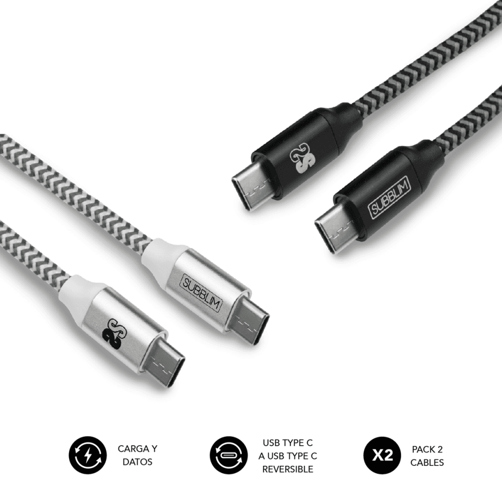 SUBBLIM PACK 2 CABLES USB TIPO USB-C A USB-C 1 M BLACK/SILVER