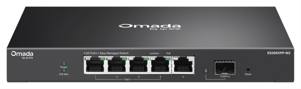 TP-Link ES206XPP-M2 switch Gestionado L2 2.5G Ethernet (100/1000/2500) Energía sobre Ethernet (PoE) Montaje en pared/escritorio Negro
