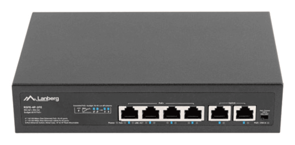 Lanberg RSFE-4P-2FE-60 switch No administrado Fast Ethernet (10/100) Energía sobre Ethernet (PoE) 1U Negro