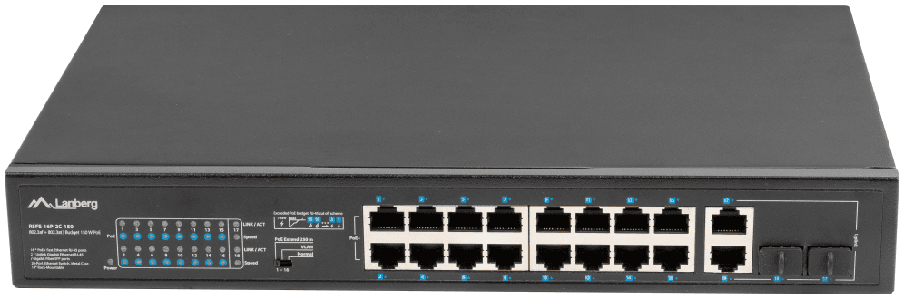 Lanberg RSFE-16P-2C-150 switch No administrado Gigabit Ethernet (10/100/1000) Energía sobre Ethernet (PoE) 1U Negro