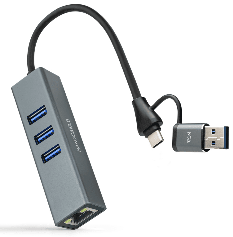 Nanocable Conversor USB-C+USB-A/M 3.0 a Ethernet + 3xUSB-A 3.0, Aluminio, Gris, 15 cm