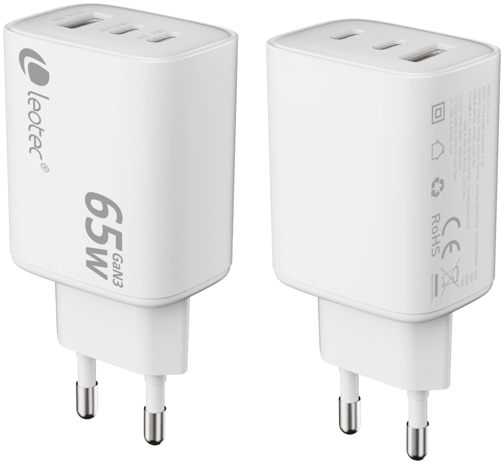 Leotec CARGADOR UNIVERSAL 65W GAN ULTRA SLIM 2 USB C PD+1 USB A BLANCO