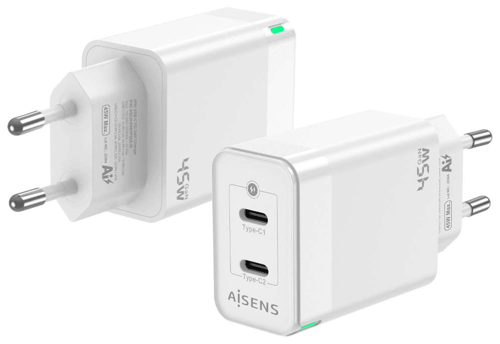 AISENS Cargador Gan 45W, 2xUSB-C PD3.0 QC4.0, Blanco