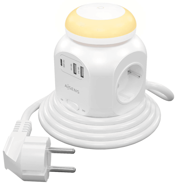 AISENS Regleta de Enchufes Sobremesa Multifuncion con 4 Tomas + 1xUSB-C 20W PD3.0, 2xUSB-A 18W QC3.0, Luz Nocturna, 1.8M, Blanco