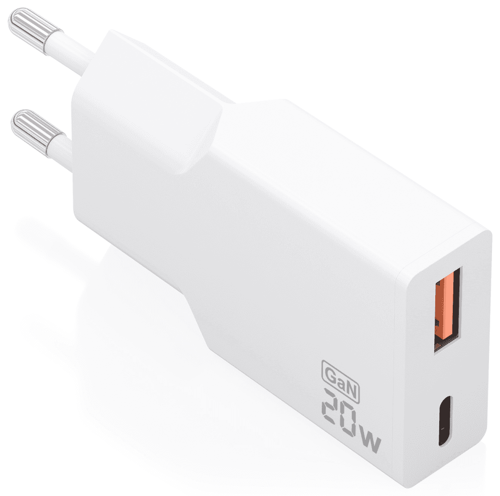AISENS Cargador Ultra Delgado GaN 20W, 1xUSB-C PD3.0 QC4.0, 1xUSB-A QC3.0, Blanco