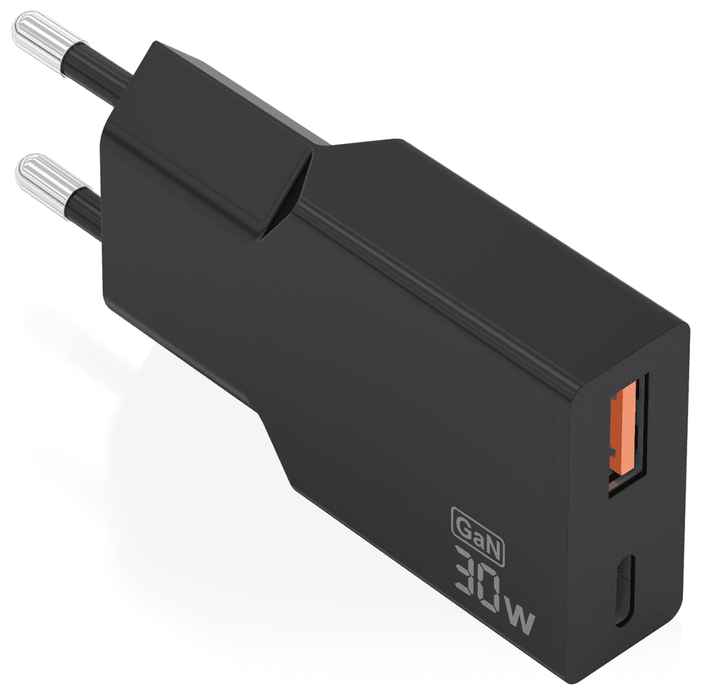AISENS Cargador Ultra Delgado GaN 30W, 1xUSB-C PD3.0 QC4.0, 1xUSB-A QC3.0, Negro