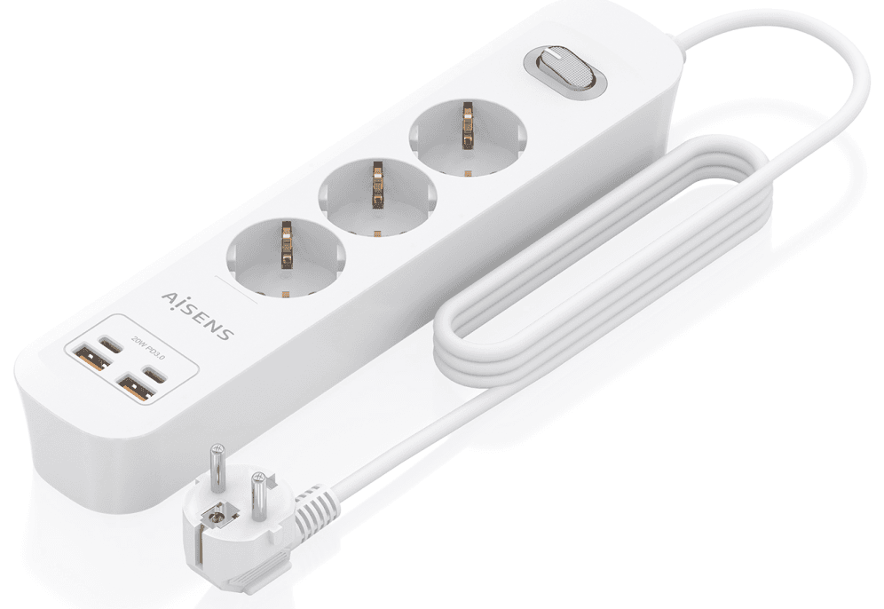 AISENS Regleta de Enchufes Multifuncion con 3 Tomas + Cargador PD3.0 20W 2xUSB-C, 2xUSB-A, 1.4m, Blanco