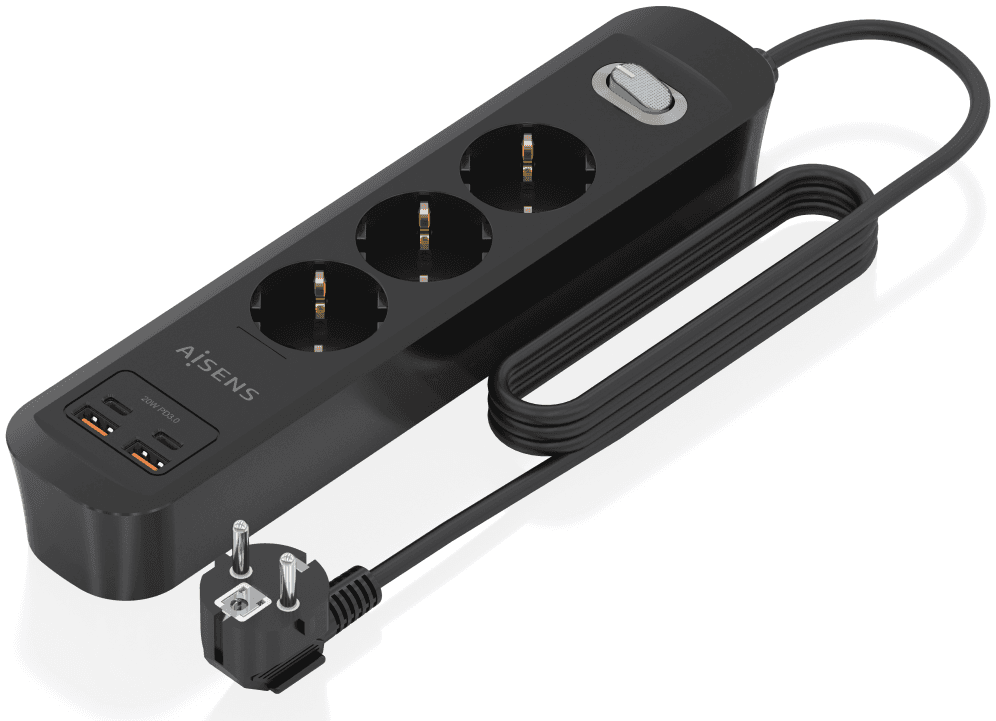 AISENS Regleta de Enchufes Multifuncion con 3 Tomas + Cargador PD3.0 20W 2xUSB-C, 2xUSB-A, 1.4m, Negro