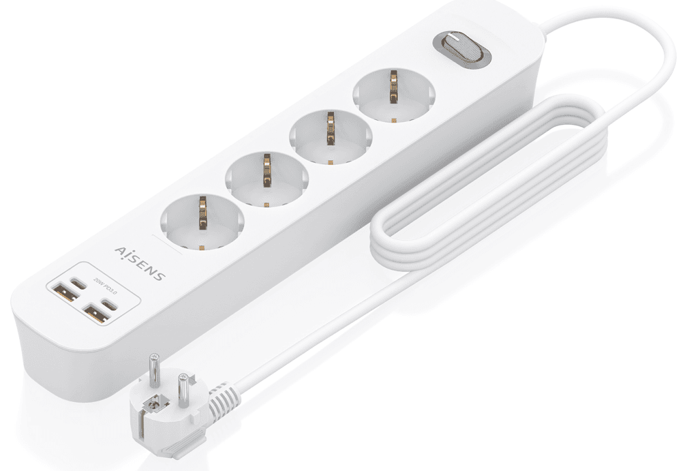 AISENS Regleta de Enchufes Multifuncion con 4 Tomas + Cargador PD3.0 20W 2xUSB-C, 2xUSB-A, 1.4m, Blanco