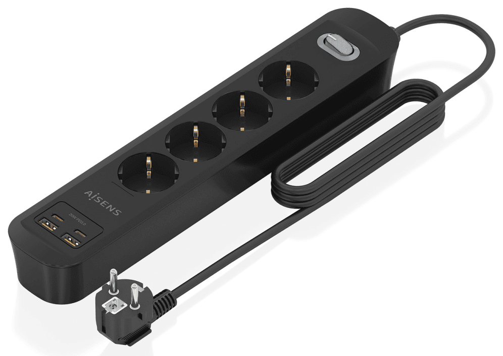 AISENS Regleta de Enchufes Multifuncion con 4 Tomas + Cargador PD3.0 20W 2xUSB-C, 2xUSB-A, 1.4m, Negro