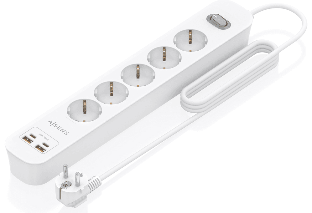 AISENS Regleta de Enchufes Multifuncion con 5 Tomas + Cargador PD3.0 20W 2xUSB-C, 2xUSB-A, 1.4m, Blanco