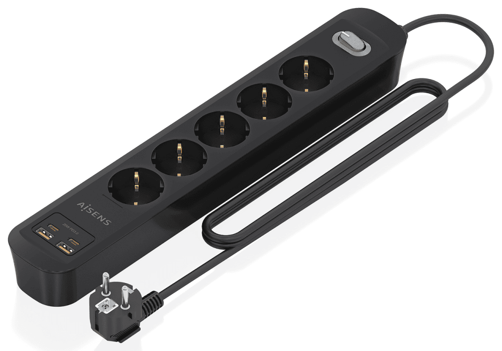 AISENS Regleta de Enchufes Multifuncion con 5 Tomas + Cargador PD3.0 20W 2xUSB-C, 2xUSB-A, 1.4m, Negro