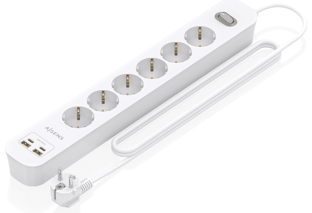 AISENS Regleta de Enchufes Multifuncion con 6 Tomas + Cargador PD3.0 20W 2xUSB-C, 2xUSB-A, 1.4m, Blanco