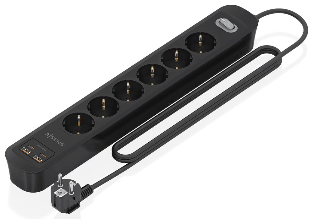 AISENS Regleta de Enchufes Multifuncion con 6 Tomas + Cargador PD3.0 20W 2xUSB-C, 2xUSB-A, 1.4m, Negro