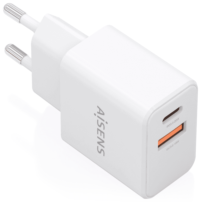 AISENS Cargador GaN 20W, 1xUSB-C PD3.0, 1xUSB-A QC3.0, Blanco