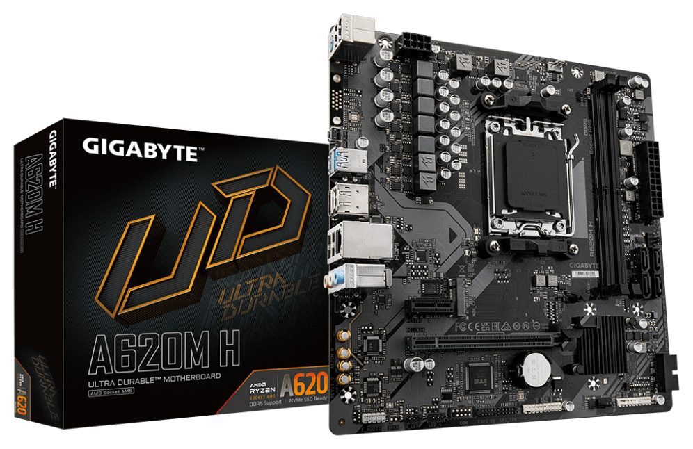 GIGABYTE A620M H Placa base - Soporta CPUs AMD Ryzen 8000, VRM digital de 5+2+2 fases, hasta 7200MHz DDR5 (OC), 1xPCIe 4.0 M.2, LAN GbE, USB 3.2 Gen 1