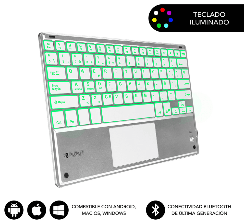 SUBBLIM Teclado Bluetooth Smart Backlit BT Keyboard Touchpad Silver