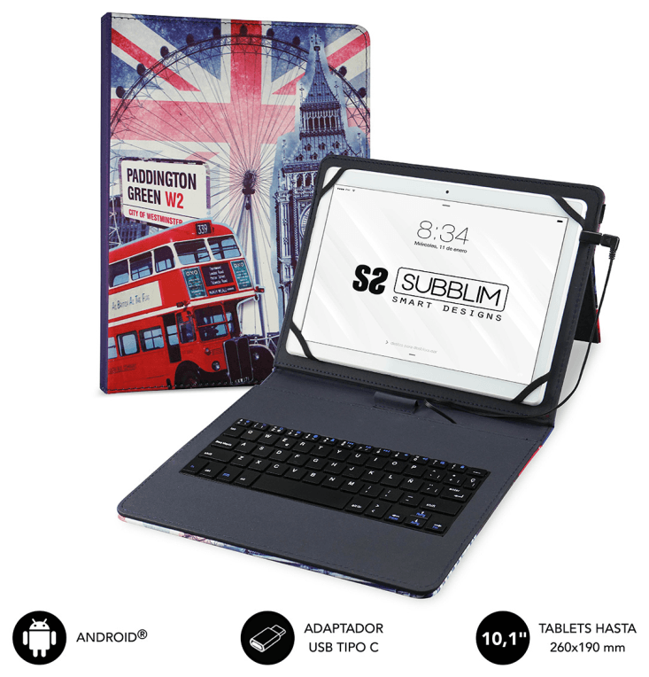 SUBBLIM Funda con Teclado Micro USB - USB C KEYTAB USB 10,1" England