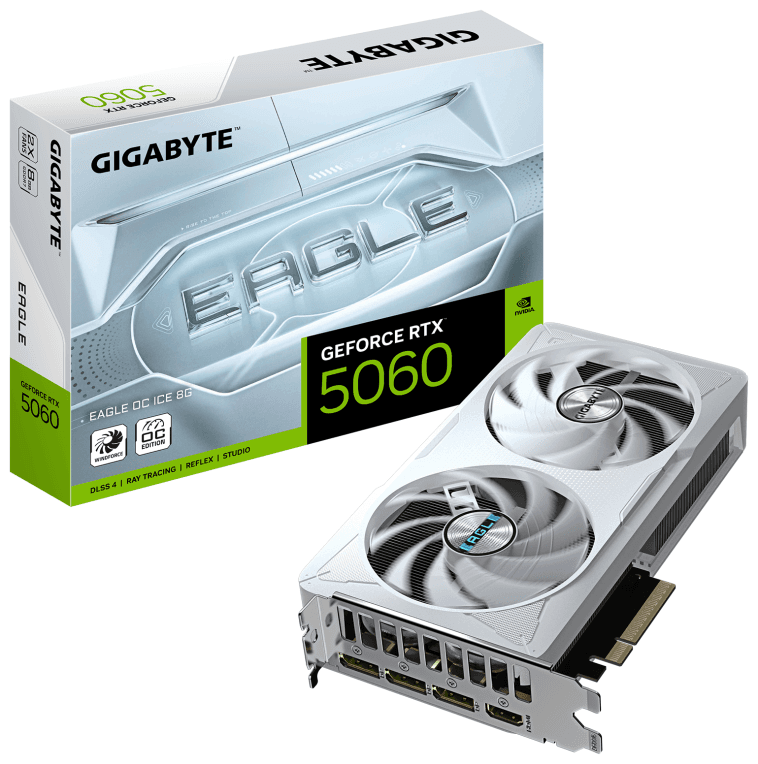 GIGABYTE GeForce RTX 5060 EAGLE OC ICE 8G Tarjeta Gráfica - 8GB GDDR7, 128bit, PCI-E 5.0, 2550 MHz Frecuencia del núcleo, 3 x DisplayPort, 1 x HDMI, GV-N5060EAGLEOC ICE-8GD