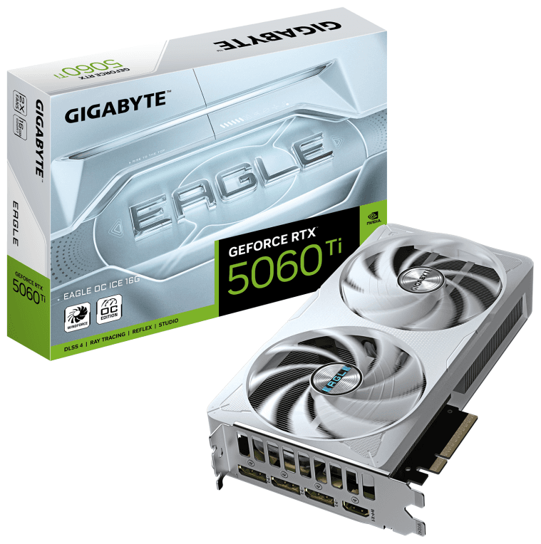 GIGABYTE GeForce RTX 5060 Ti EAGLE OC ICE 16G Tarjeta Gráfica – 16 GB GDDR7, 128 bits, PCI-E 5.0, 2617 MHz Frecuencia del núcleo, 3 x DisplayPort, 1 x HDMI, GV-N506TEAGLEOC ICE-16GD